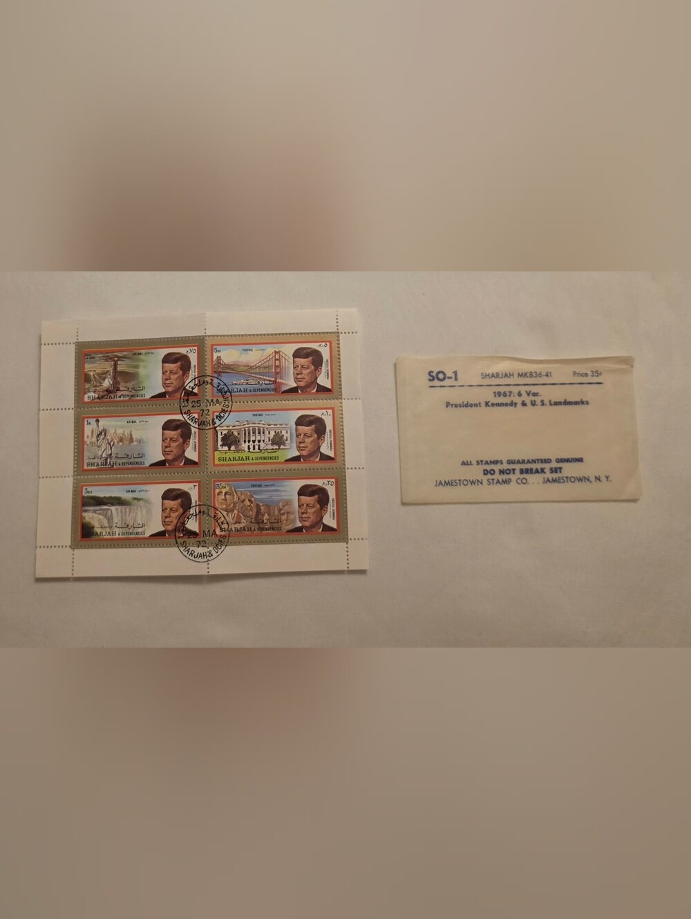 Sheet of 6 Sharjah John F Kennedy JFK & US Landmarks Stamps Cancelled Vintage